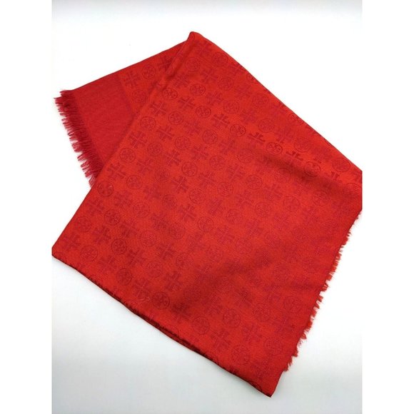 TORY BURCH logo jacquard wool and silk women's traveler scarf - BRIGHT RED - Picture 3 of 8